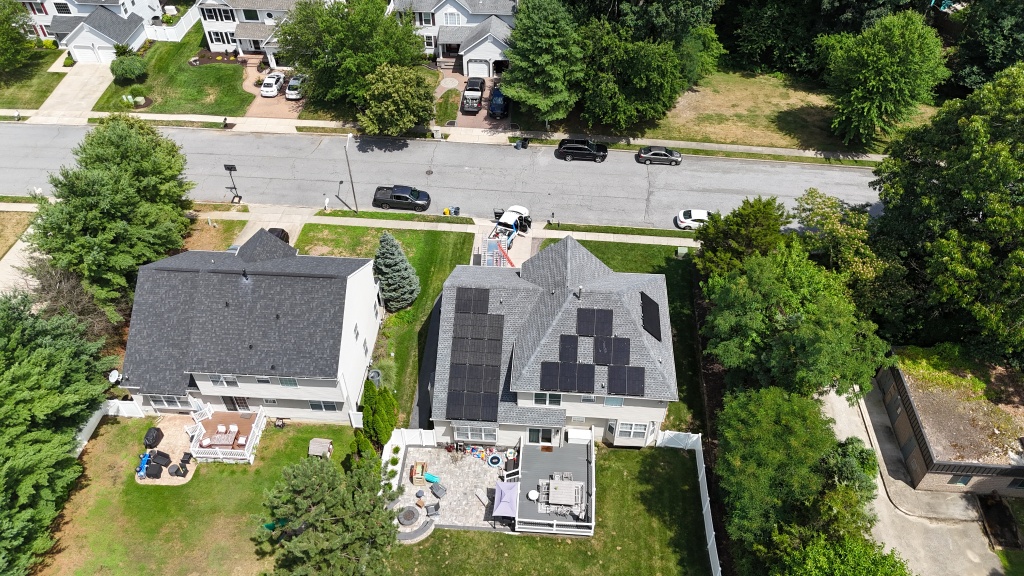 Aerial view of a residential solar panel array installed by Velocity Energy